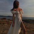 Puff Sleeve Solid Color Tie High Slit Maxi Dress