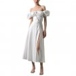 Puff Sleeve Solid Color Tie High Slit Maxi Dress