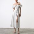 Puff Sleeve Solid Color Tie High Slit Maxi Dress